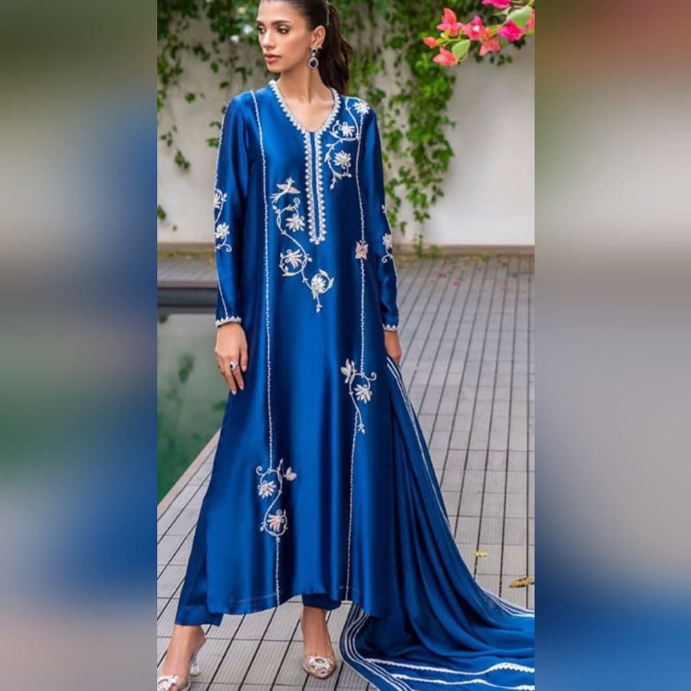 Elegant Blue Embroidered Pakistani  Custom Made Outfit